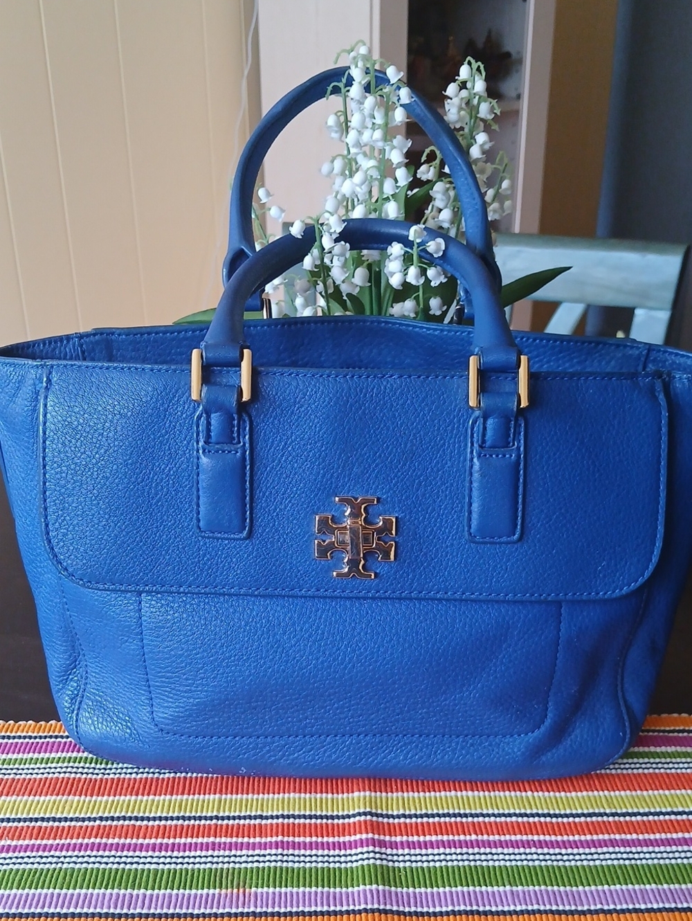 Tory Burch Royal Blue Leather Satchel with Gold Logo